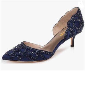 XYD Navy Pointed Toe D'Orsay Kitten Heel Rhinestone Pump Slip-On Satin Shoe